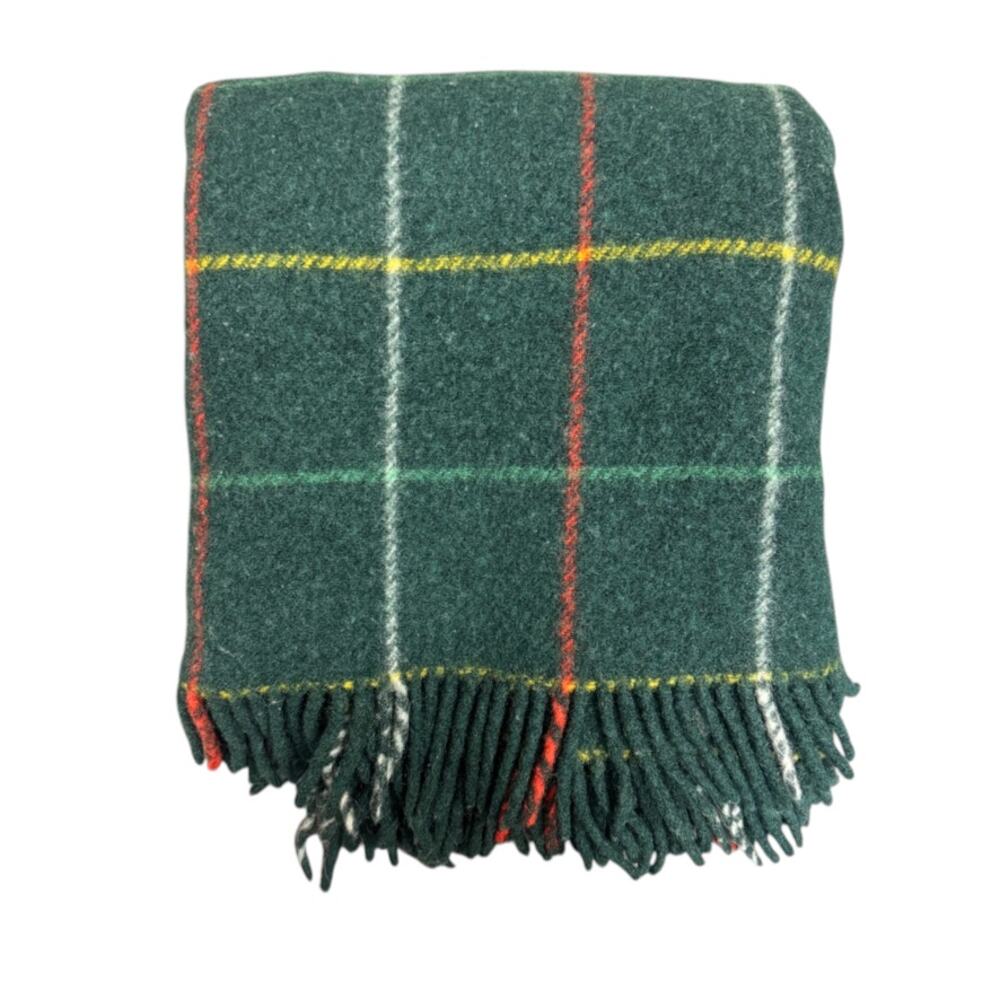 Vintage Connemara Irish Wool Blanket Green Plaid 66"x52" Stadium Throw